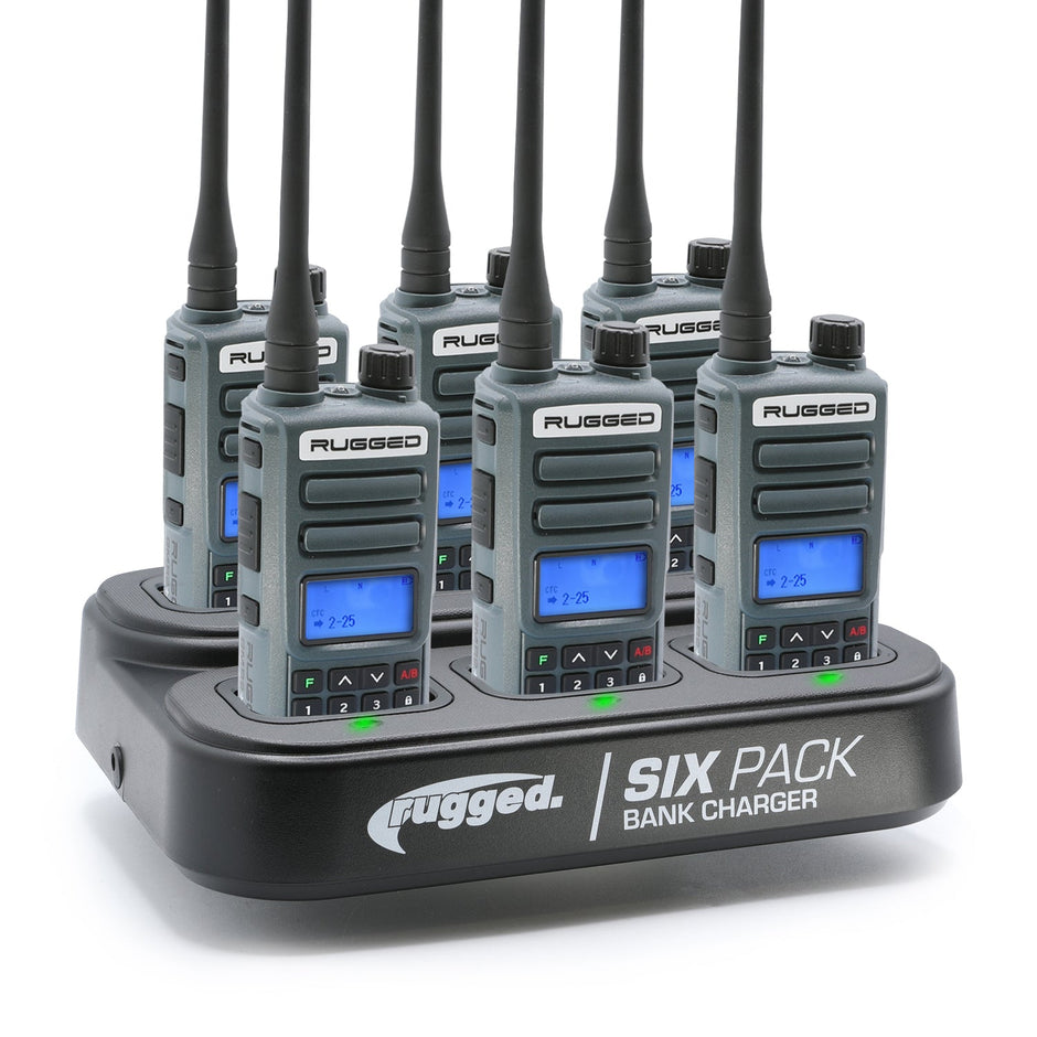 BUNDLE - 6 PACK Bank Charger with GMR2 PLUS GMRS / FRS Two Way Radios Grey