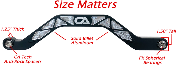 Our high clearance rods were designed with strength, dependability, and affordability all in mind. Our rods finish in the absolute largest rods on the market. We have a finished thickness of 1.25 inches throughout the entire center of the rod where it really counts, and a finished height of the rod at over 1.5 inches. Making these the absolute thickest rod on the market. Our rods also boast a full 3 INCHES OF ADDED GROUND CLEARANCE!! So take the washed out trail with confidence in mind.